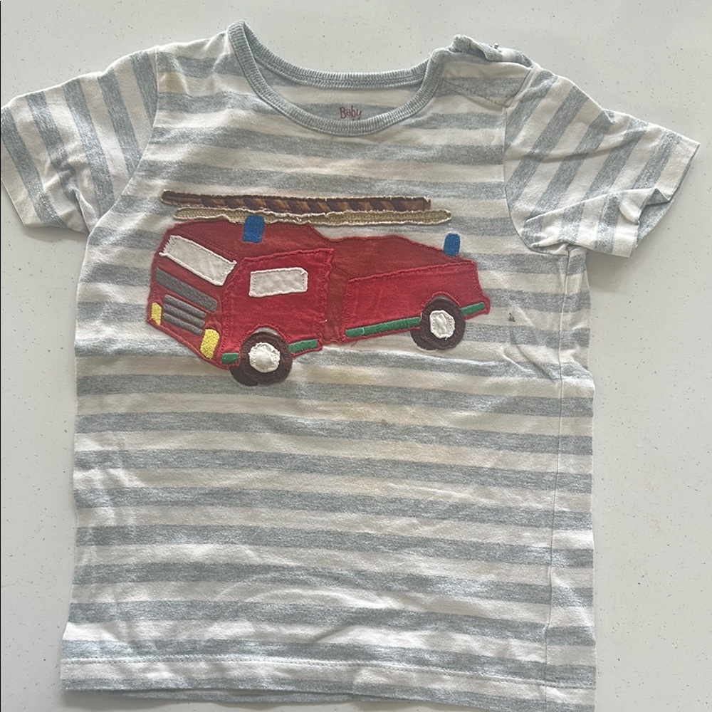 Baby Boden Gray and White Striped Fire Truck Tee